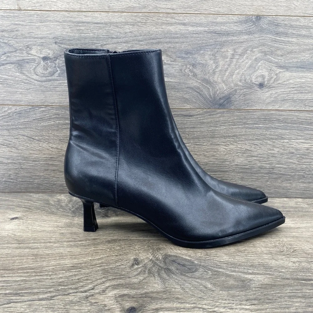 Zara Ankle Boots Womens Size 8 Black Pointed Toe Kitten Heel Side Zip
